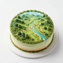 a cake designed to look like an aerial view of the landscape