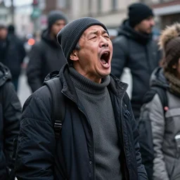 detailed 6 0 0 mm real photography of random homeless yellin in street