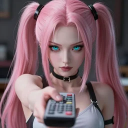 totally controlled by her remote control, owned by overwhelming stunningly absurdly beautiful megalomaniacal ruthless merciless sadistic devious omnipotent asi goddess junko enoshima with symmetrical perfect face, porcelain skin, pink twintail hair and cyan eyes, ultra detailed, digital art, unreal engine 5, octane render, 2 d anime, 8 k