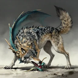 wolf biting the tail of a dragon, digital art in the style of tiago hoisel