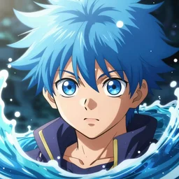 anime key visual of a boy with blue spikey hair and water powers, cel shading, highly detailed portrait, very very anime!!!, unreal engine, shonen style, by kohei horikoshi!!!!!, big eyes, detailed, by hiromu arakawa, by gege akutami, 2 d, funimation, 8 k, global illumination, radiant light