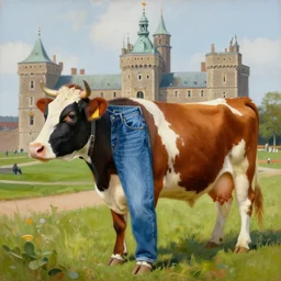 painting by zorn, cow wearing!!! clothes!!! jeans!!! standing next to royal castle!!