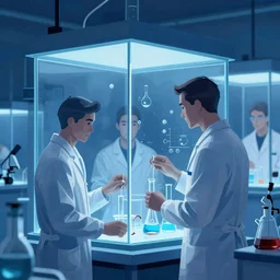 men immersed in laboratory glass tanks, blue color scheme, digital illustration, dramatic lighting, cinematic composition, concept art, detailed textures
