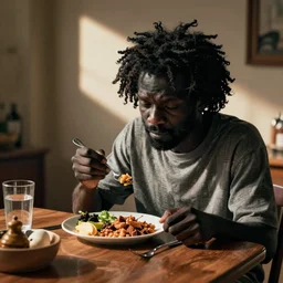 lanky black stoner eating his wife's dinner and sulking