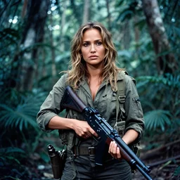film still, medium shot of jenifer lopez in the jungle as a vietnam door gunner, apocalypse now, associated press,, 2 6 mm, kodak ektachrome, blue tint expired film