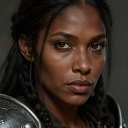 masterpiece closeup portrait of a Dwarven woman with dark skin, and brown eyes, wearing armor, by Greg Rutkowski, 4k, matte painting, dungeons and dragons, detailed