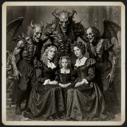 vintage photograph monochrome plate, monstrous mutant victorian family of demonic cenobite people posing with grotesque lovecraftian god monsters, distressed old photo, deteriorating, grunge, antique, slight sepia tone, horror, madness