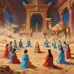 painting of shrine ritual being performed by priestesses of the ancient camel temple, sandstorm, sand dunes, camel god, barren sands, forgotten, by ArtGerm and Justin Cheung and Stephané Roux and Makoto Shinkai, insanely detailed and intricate, ornate, elegant, award winning, vermillion and cyan, maximalist, trending on Artstation, matte painting, interior scene, camel statue, ritual circle, temple rites, golden ratio, matte painting