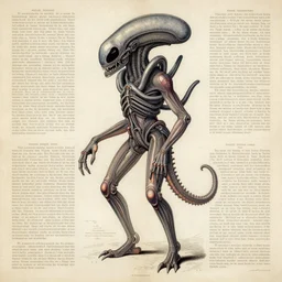 full page scan of vintage anatomical drawing of Xenomorph, intricate details, faded colors, necronomicon style, illustration, intricate writing, symmetry, concept art