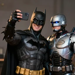 Photography, A Batman taking a selfie with boy as RoboCop, big smile