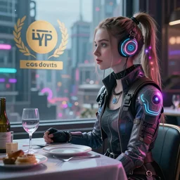 closeup of grimes as a cyberpunk warrior sitting on a dinner table, looking out through a window to the dismal utopian city below 3 d render trending on artstation cgsociety contest winner award winning art volumetric lighting lens flare bioluminescent colors neon subsurface scattering 3 2 k detailed 1 6 k quality 4 k quality highly detailed