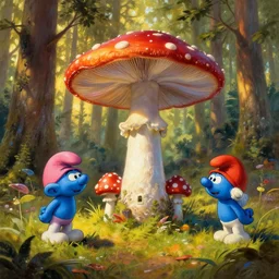 greg rutkowski and james gurney. fantasy painting of amanita muscaria smurf house in a heart of cedar forest, golden hour, rtx on