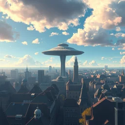 city of amsterdam, millennium falcon in the sky, natural lighting, dreamy, psychedelic colors, lsd trip, intricate details, matte painting, illustration, by hayao miyazaki