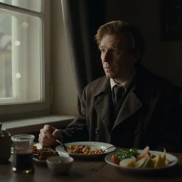 soviet movie still doctor strange sitting at a table next to the window with food, dark warm light, a character portrait by margarita terekhova, movie stalker solaris film still by andrei tarkovsky, 8 k, 1 9 8 4, close - up bokeh, gelios lens, color, noir
