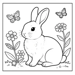 black and white coloring book page of a bunny rabbit, wildflowers, butterflies and jewels