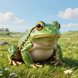 Giant frog in an open field, panoramic, digital art, ultra detailed