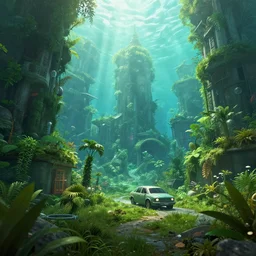 underwater 🌿🚗🏘🌿, style artstation, style greg rutkowsk, octane render, unreal engine 6, epic game graphics, fantasy, ciberpunk, conceptual art, ray tracing