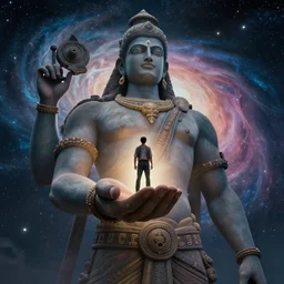 a film still of a deity in the form of a giant - sized avatar holding a tiny man in front of him in his hand against the background of a universe - sized cosmos, profile photo, frontal view at an angle of 5 2 degrees, worm view, camera location from below the belt of the main object in focus, long shot cowboy shot, wide shot, 2 4 mm camera crop factor, canon cn - e 2 4 mm, arri alexa mini,