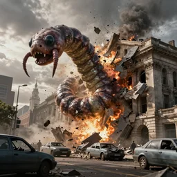 a giant worm ,big impact hit on the building, explode and chaos, Holywood scene, full color, broken cars,scary picture, convincing