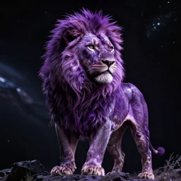 an electric purple lion in space