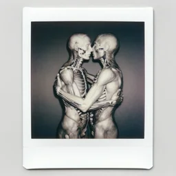 square black and white polaroid photo of two human dissected body hugging, body worlds, human anatomy, gross anatomy, dissection