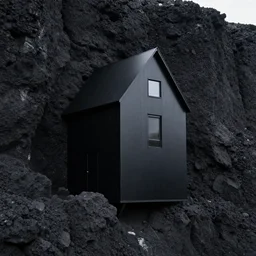tall black geometric house embedded in tall a lava cliff, full view, black house, molten metal house, minimal, rippled white landscape, dwarven architecture, light from molten iron, octane render, hyper realistic, 8 k, octane render