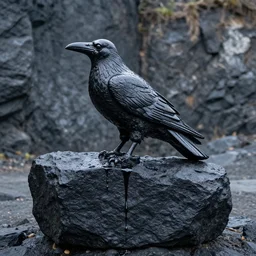 carved raven sculpture on a black rock in a quarry made of oily cords. dripping oil