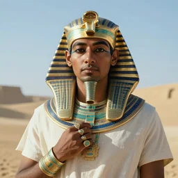 a man in egyptian clothing wearing rings and jewlery on his neck, 8k resolution, serene, magical, digital art, hyperdetailed, Unreal Engine