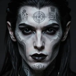 vampire with black eyes, highly detailed facet, magick, technology, sigils, circuitry, rutkowski,