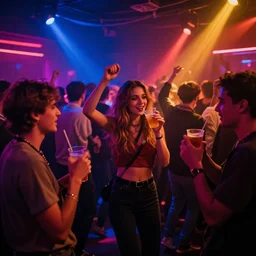 young people in a fancy nightclub dancing and drinking, partylights, great colors, by aalto alvar, trending on artstation