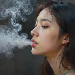 profile side view closeup of smoke coming from the lips of a young filipino woman, thick swirling smoke, by conrad roset, long paint brush strokes, dramatic lighting, painting trending on artstation
