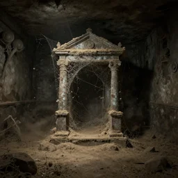 old crypt covered by dust and cobwebs, flying particles, dirty ground, darkness, underground, hyperdetailed, artstation, cgsociety, 8 k
