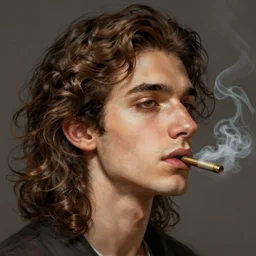 young man with long curly brown hair smoking, face, detailed, intricate, elegant, highly detailed, digital painting, artstation, concept art, smooth, sharp focus, illustration, art by Krenz Cushart and Artem Demura and alphonse mucha