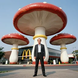 Michael Keaton standing in front of big large building Mcdonalds gigantic fungus mushroom, one point perspective, cinematic, low angle ,wide angle 1981