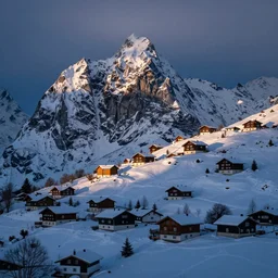 ultra realistic landscape, houses in the mountain, cold weather, snow, at night