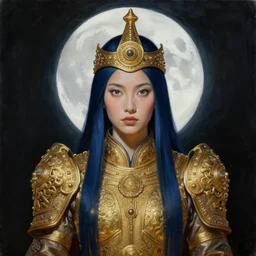 painting of junoesque mongolian priestess of the moon, golden filigree armor and tiara, moon above head, dark blue straight hair, smooth translucent skin, wide striking eyes, beautiful! coherent! by brom, by brian froud, strong line, high contrast, muted color, 4 k, trending on artstation