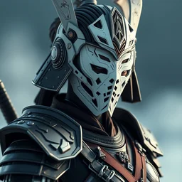 gorgeous female samurai with full warrior armor, 3 d render, futuristic biomechanical, porcelain ivory mask, hyper realistic, cinematic, octane render, 8 k