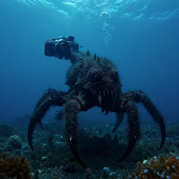 underwater abyssal sea monster, dark, fuzzy, 35mm camera, horror
