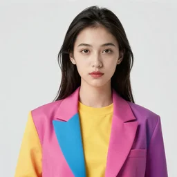 full portrait view high quality realistic render high detail digital concept art of a young woman dressed in stylish vibrant future clothing with face visible by artgerm and greg rutkowski and marc simonetti, artstation trending, vibrant colour and blank background,