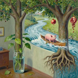 buttress tree roots, a female art student in her apartment with a river flowing through the wall, plants in glass vase, water, river, rapids, pig, canoe, pomegranate, berries dripping, acrylic on canvas, surrealist, by magritte and monet