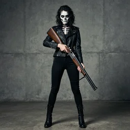 in the style of Akihito Tsukushi, Samara Weaving with skull paint on her face, full body, holding a shotgun