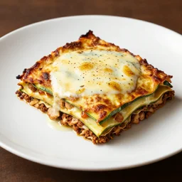 “Zucchini lasagna with creme fraiche, ras el hanout, ground chicken, caraway seeds inside, Michelin starred restaurant, award winning photography