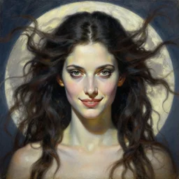 biomechanical moon goddess, flowing hair, intense stare, sweet smile, symmetrical portrait, realistic oil painting by h. r giger