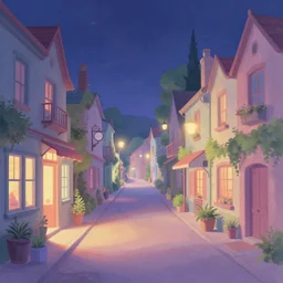 curved perspective digital art of a summer night small town street pastel colors by petros afshar and tim burton, 1 5 º camera angle