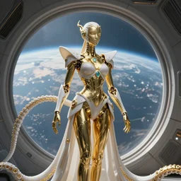 a photo of 8k ultra realistic nanotech golden humanoid queen standing next to a spaceship window overlooking earth, 8 intricate white and gold tentacles, ornate white and gold armour, cinematic lighting, trending on artstation, 4k, hyperrealistic, focused, extreme details, unreal engine 5, cinematic, masterpiece