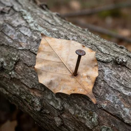 realistic photo of a leave nailed with a rusty nail in a tree log, in a forest