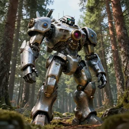 steampunk colossal mech battle robot standing a swedish forest very low angle photograph trending on artstation. Highly detailed. Artstation. 3d render. Unreal engine. 4k. 8k. Hyperrealism.