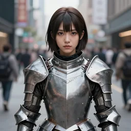 a masterpiece ultrarealistic ultradetailed photograph of a lifelike real anime girl that is dressed in steel plate armor, realistic eyes, on a busy city street, photoreal image, art by wlop, photoreal, highly rendered, blender, unreal engine, readable, extremely detailed, trending on artstation, sharp focus, 4 k, by artgerm