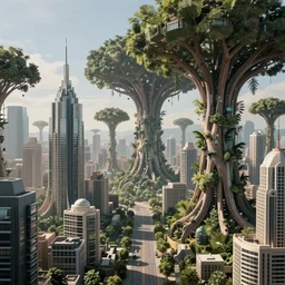 biomorphic post humanist city with huge trees and massive buildings, hyperrealistic illustration masterpiece, lee madgwick jason limon, dramatic lighting, long shot, wide angle, uhd 8 k, sharp focus