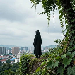 a cloaked figure looking toward the sky, standing on a cliff far above a city, overgrowth of foliage and vines, photorealistic, colorful, wide angle, 4 k